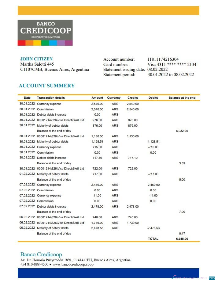 Download Argentina Banco Credicoop bank statement excel Photoshop template